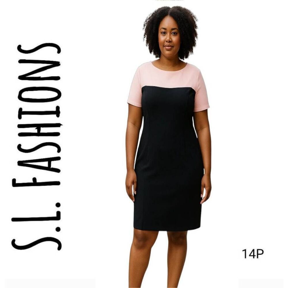 Dress Color Block Light Pink Black Geometric Slimming Waist S.L. Fashions Midi